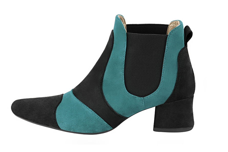 Matt black and aquamarine blue women's ankle boots, with elastics. Round toe. Low flare heels. Profile view - Florence KOOIJMAN